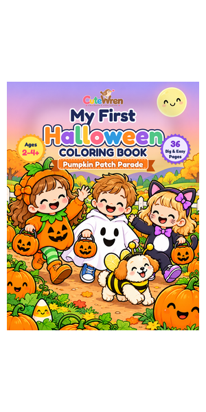 My First Halloween Coloring Book: Pumpkin Patch Parade, featuring happy friends in pumpkin, ghost, cat and bee costumes